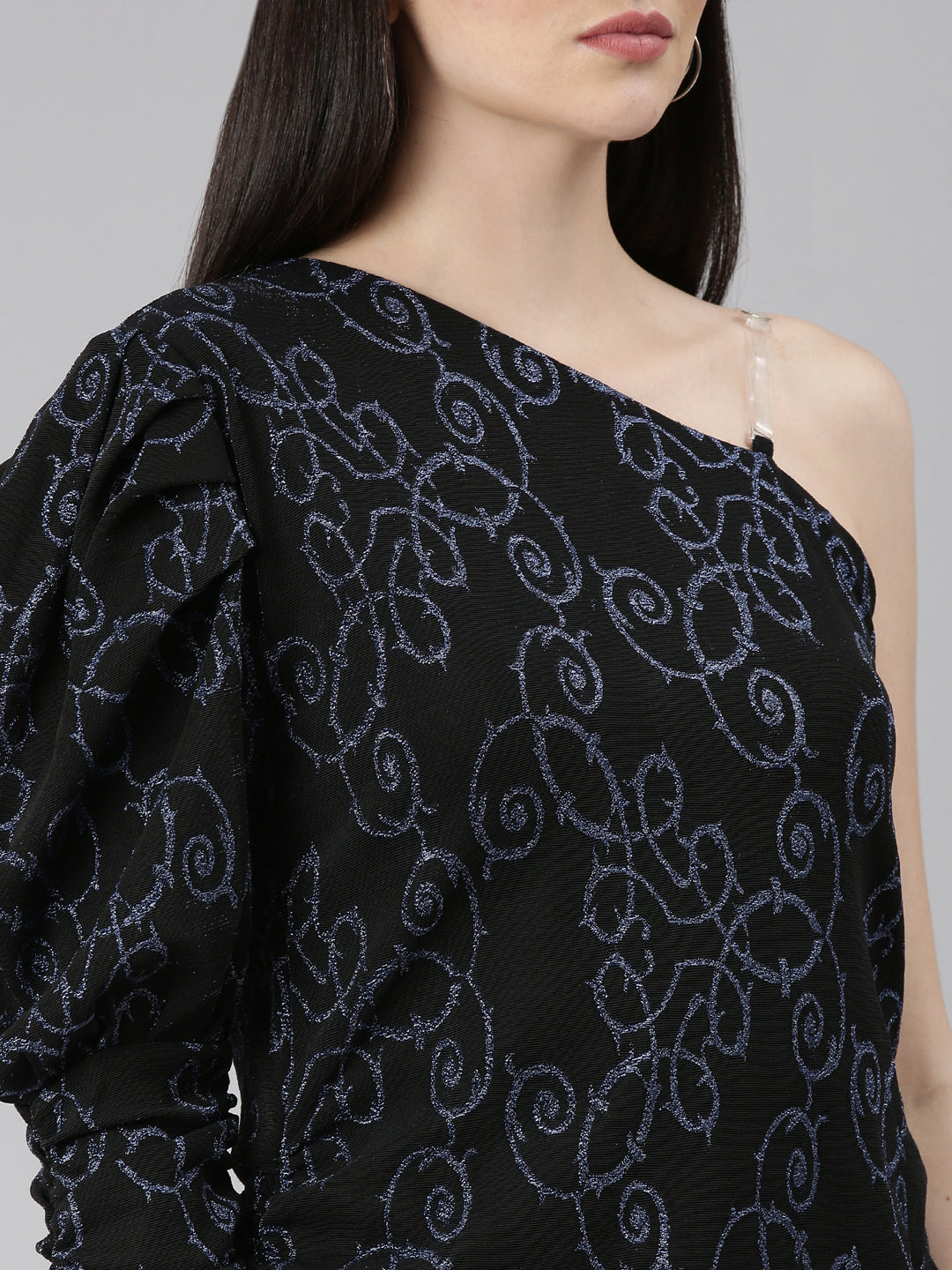 Women's Black Self Design One Shoulder Puff Sleeve Sheath Dress