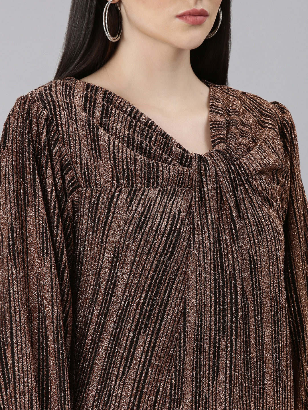 Women's Brown Striped V-Neck Puff Sleeves Bling & Sparkly Detail A-Line Maxi Dress