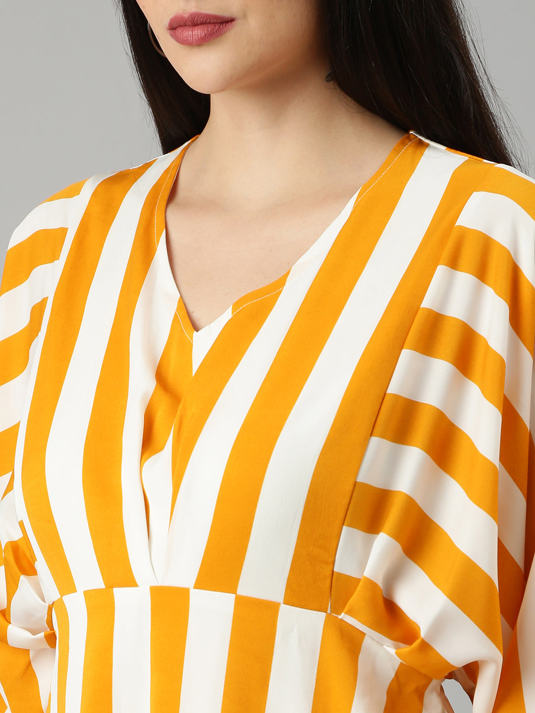 Women's Mustard Striped Flared Sleeve A-Line Dress