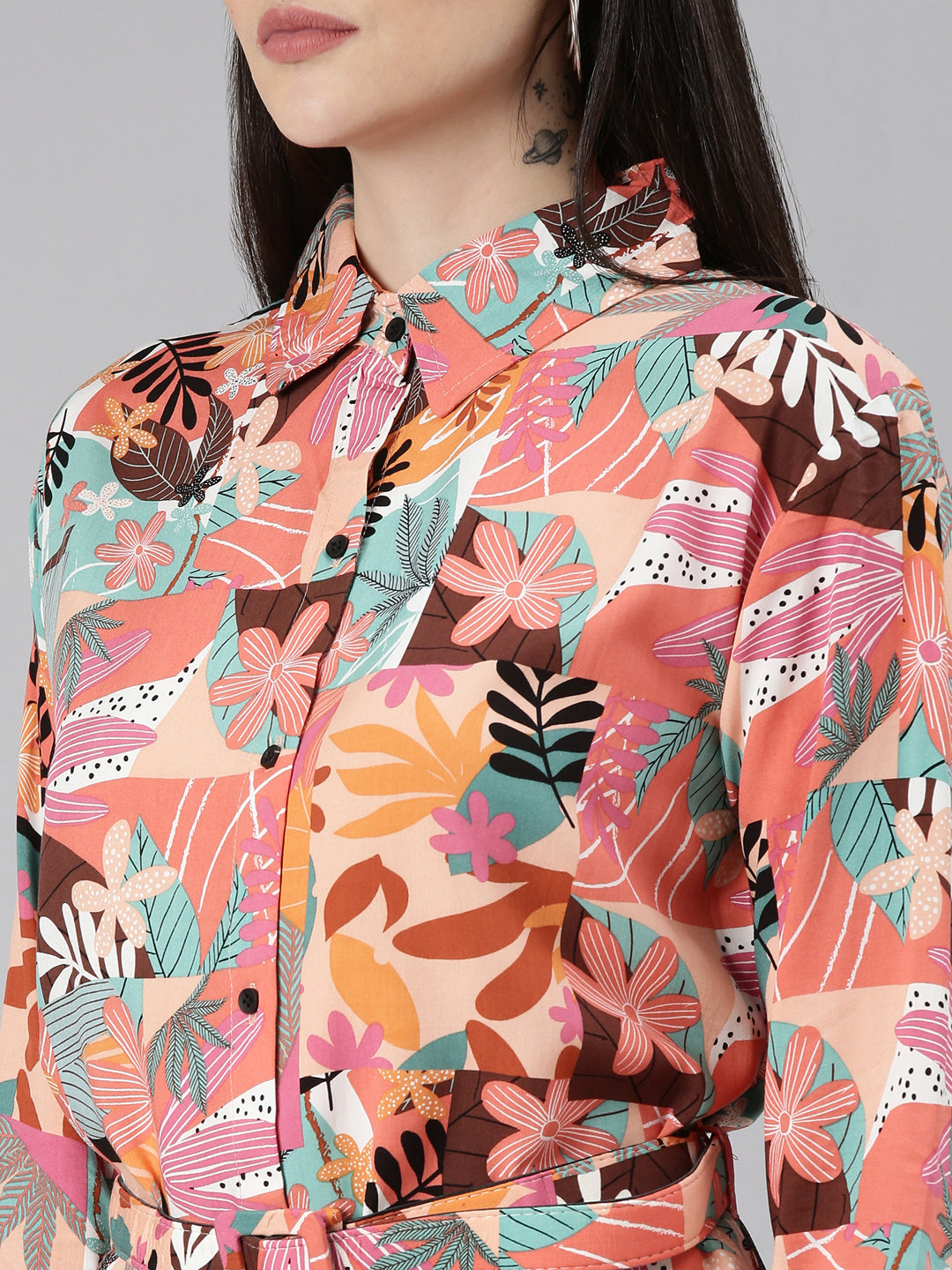 Women's Peach Floral Printed Belted Crepe Shirt Style Dress
