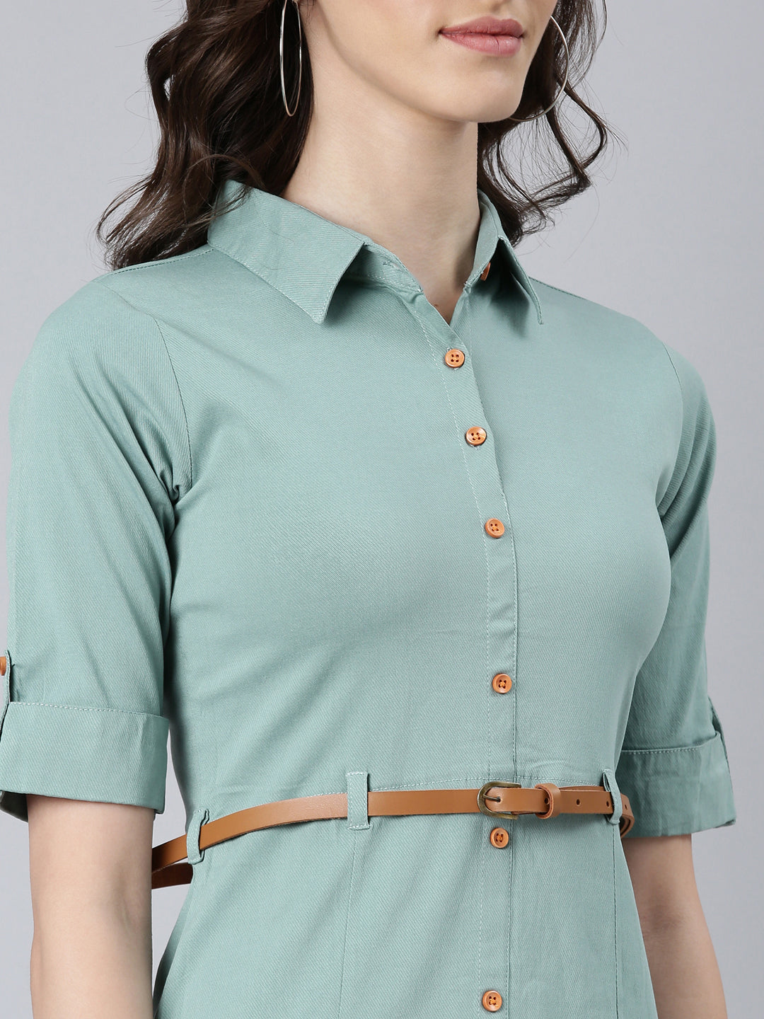 Women's Sea Green Shirt Collar Short Sleeves Cotton Shirt Dress