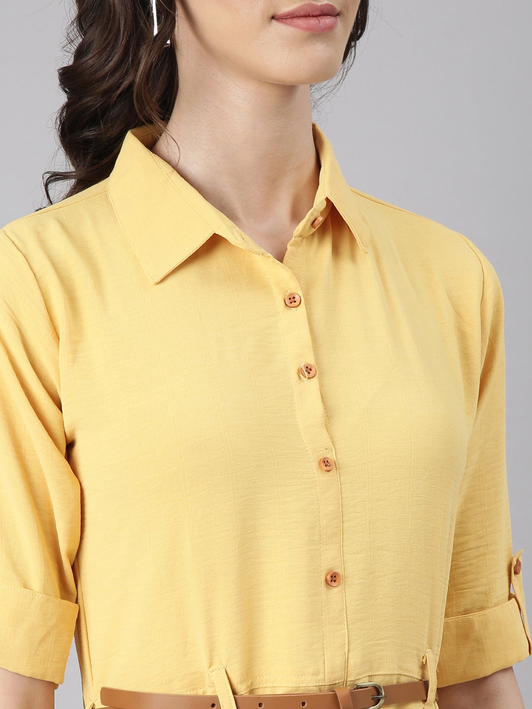 Women's Yellow Shirt Collar Roll-Up Sleeves Shirt Dress With Belted