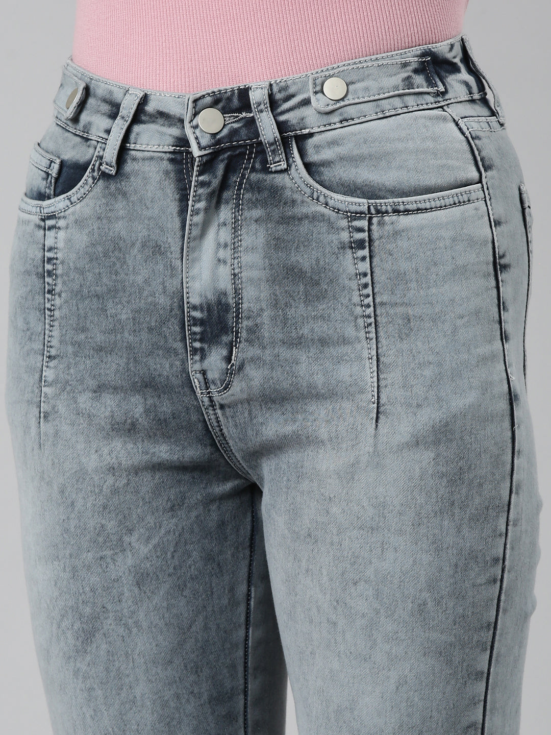 Women's Grey Mid Rise Slim Fit Heavy Fade Acid Wash Denim Jeans