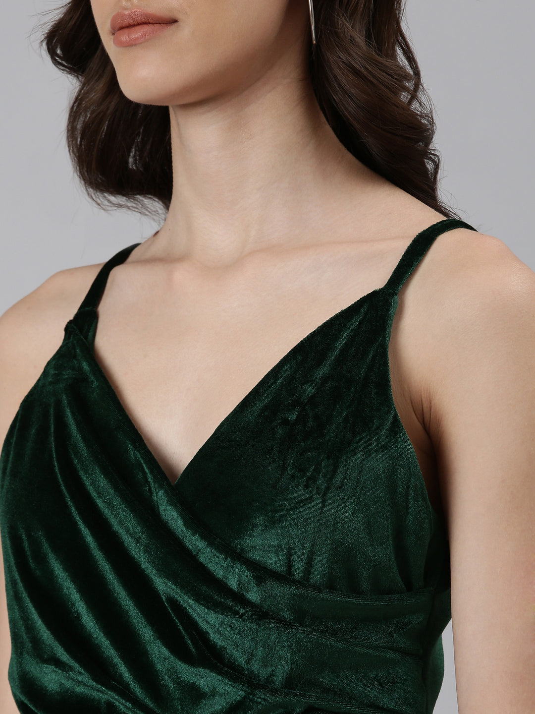 Women's Green Shoulder Straps Slit Velvet A-Line Midi Dress