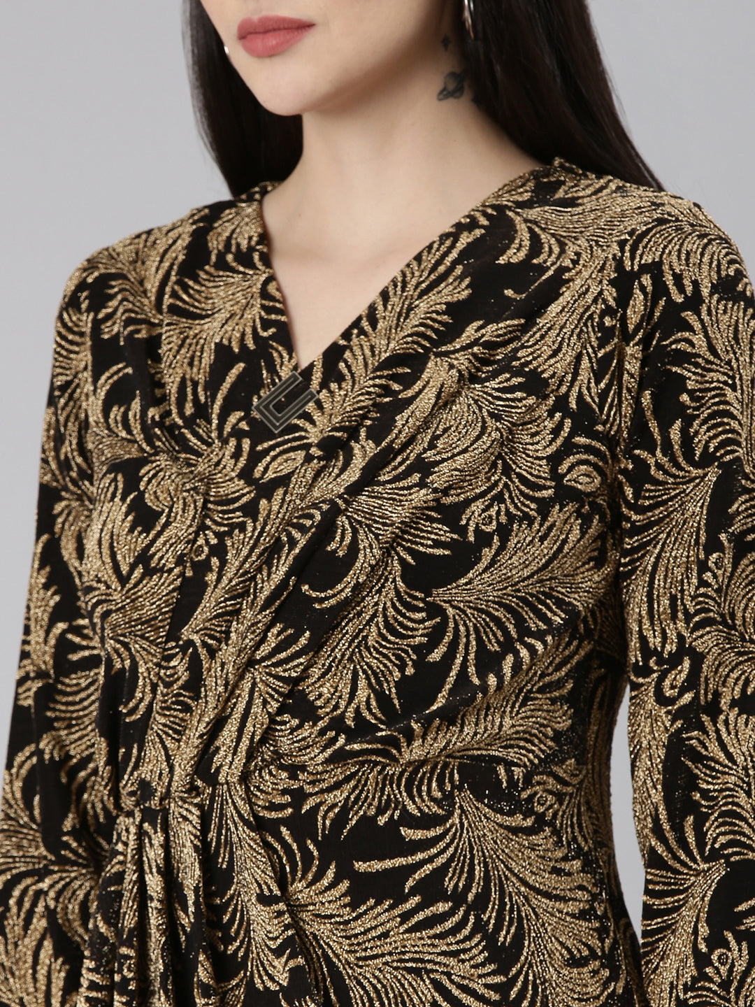 Women's Gold Tropical Printed V-Neck Puff Sleeves Gathered Detail Velvet Mini Wrap Dress