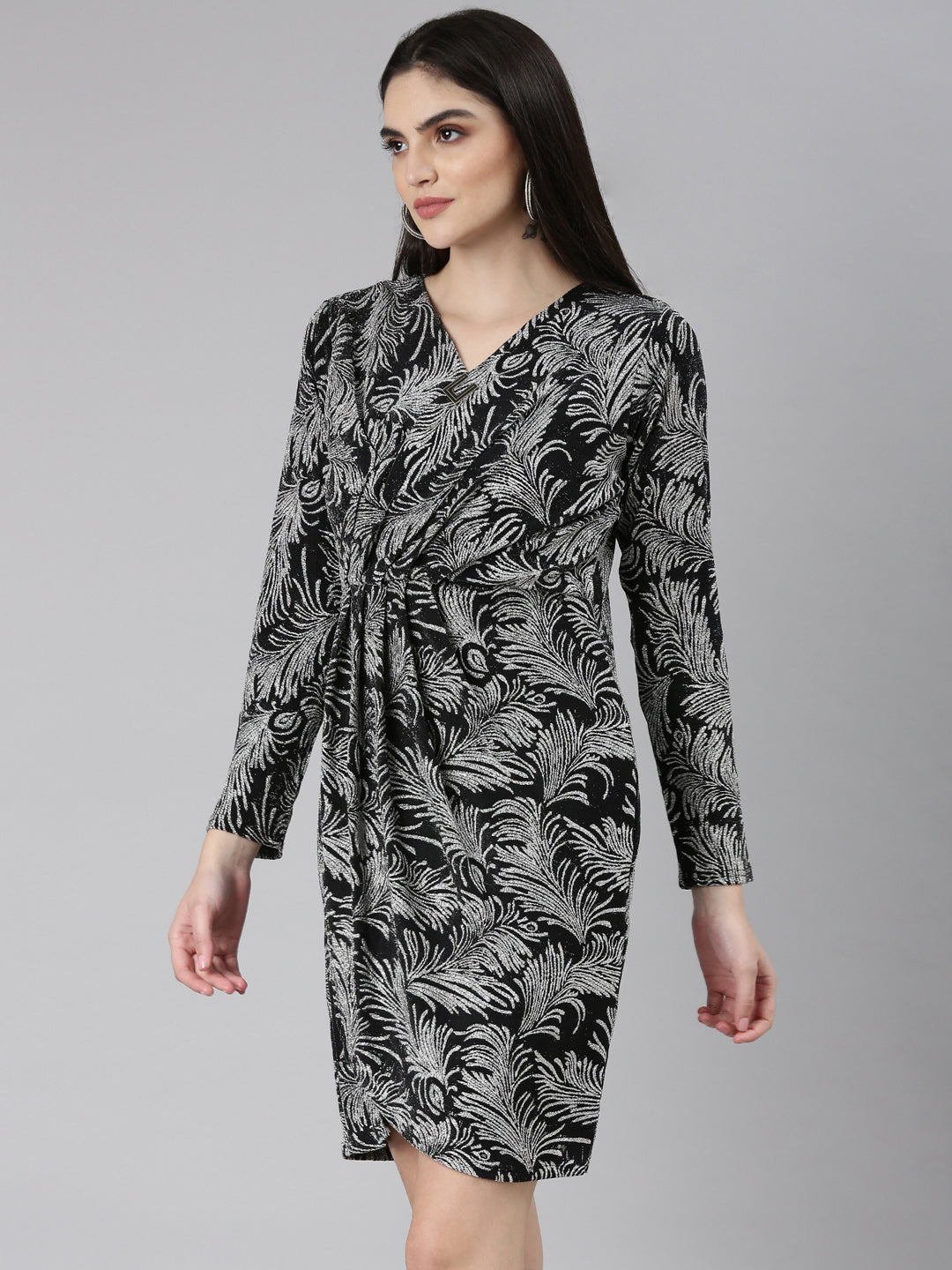 Women's Silver Floral Printed Velvet Wrap Dress