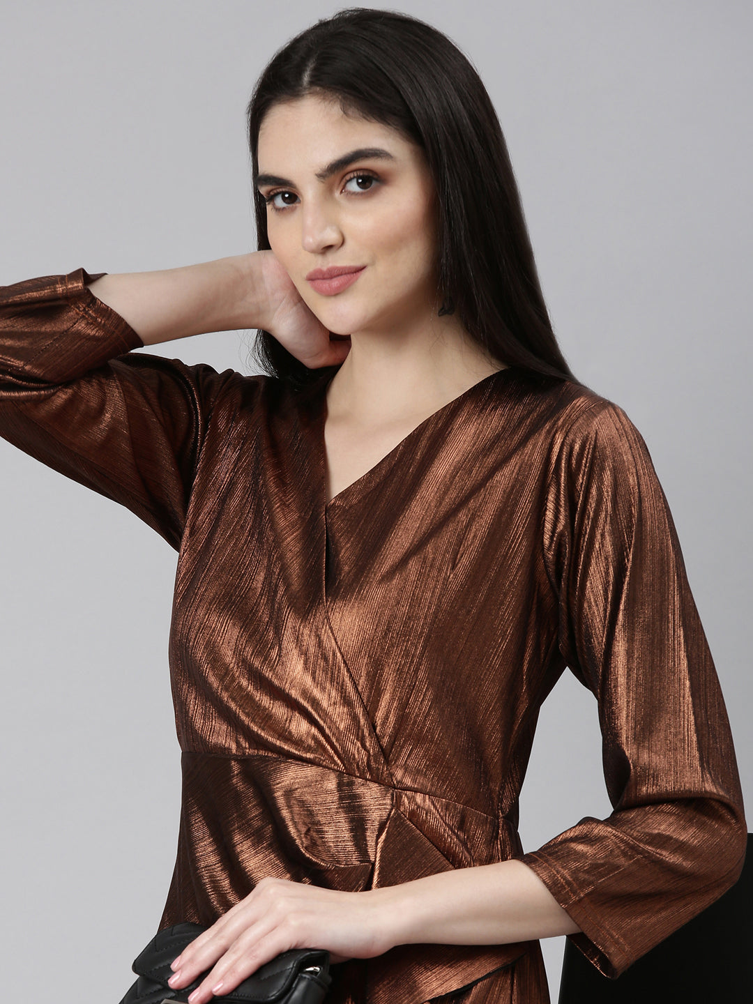 Women's Brown V-Neck Sheath Dress