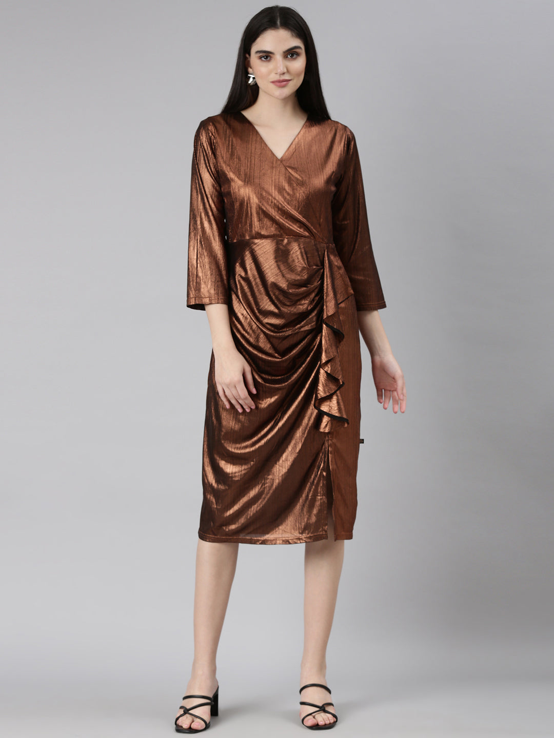 Women's Brown V-Neck Sheath Dress