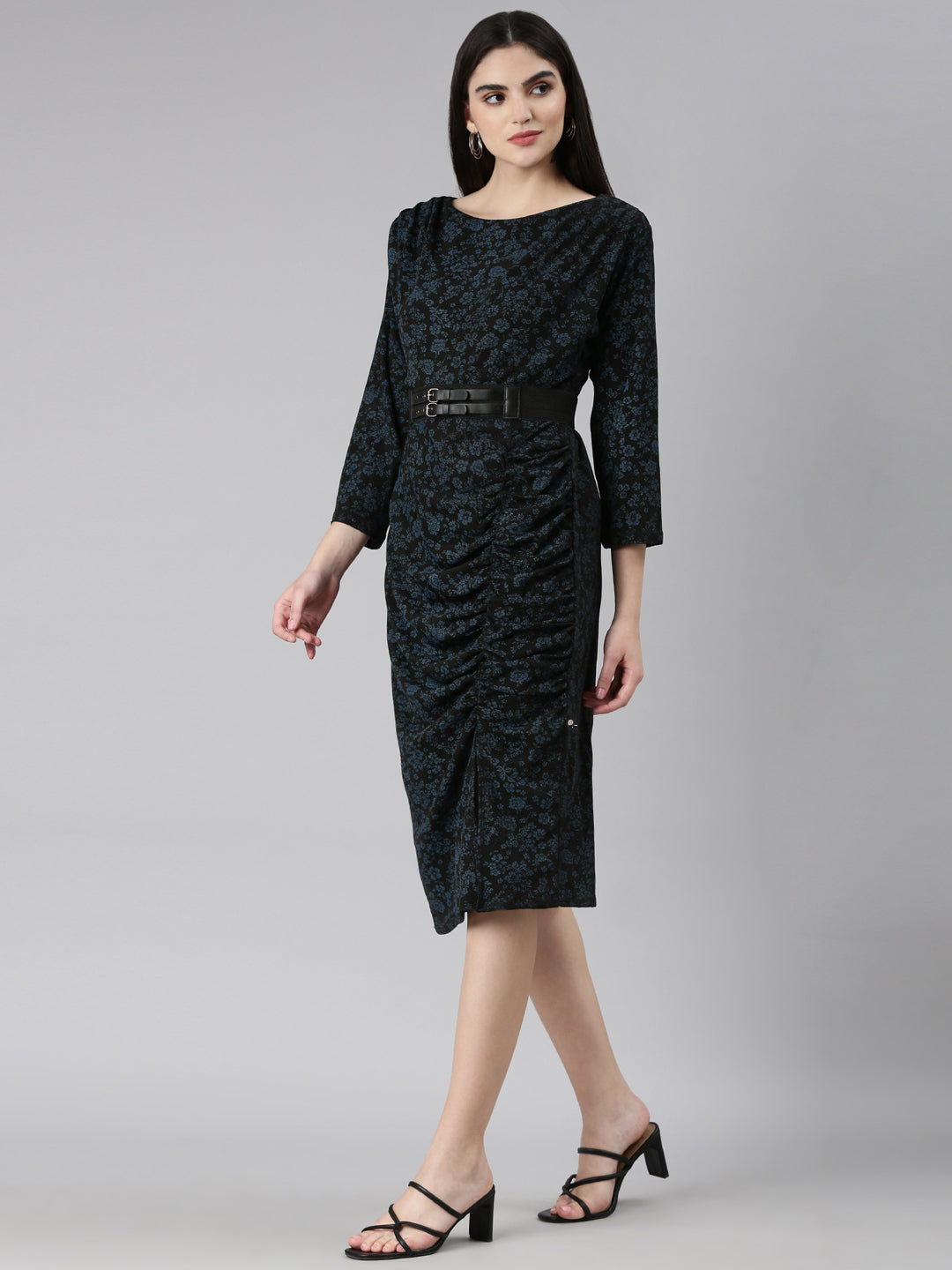 Women's Black Floral Printed Belted Sheath Dress