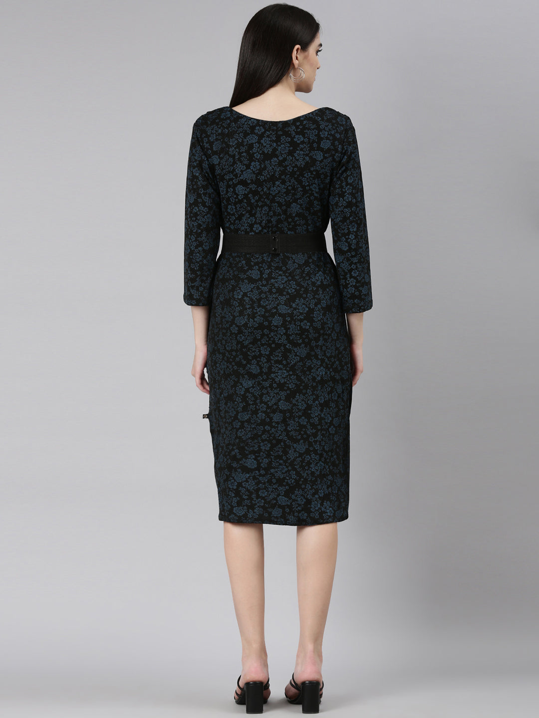 Women's Black Floral Printed Belted Sheath Dress