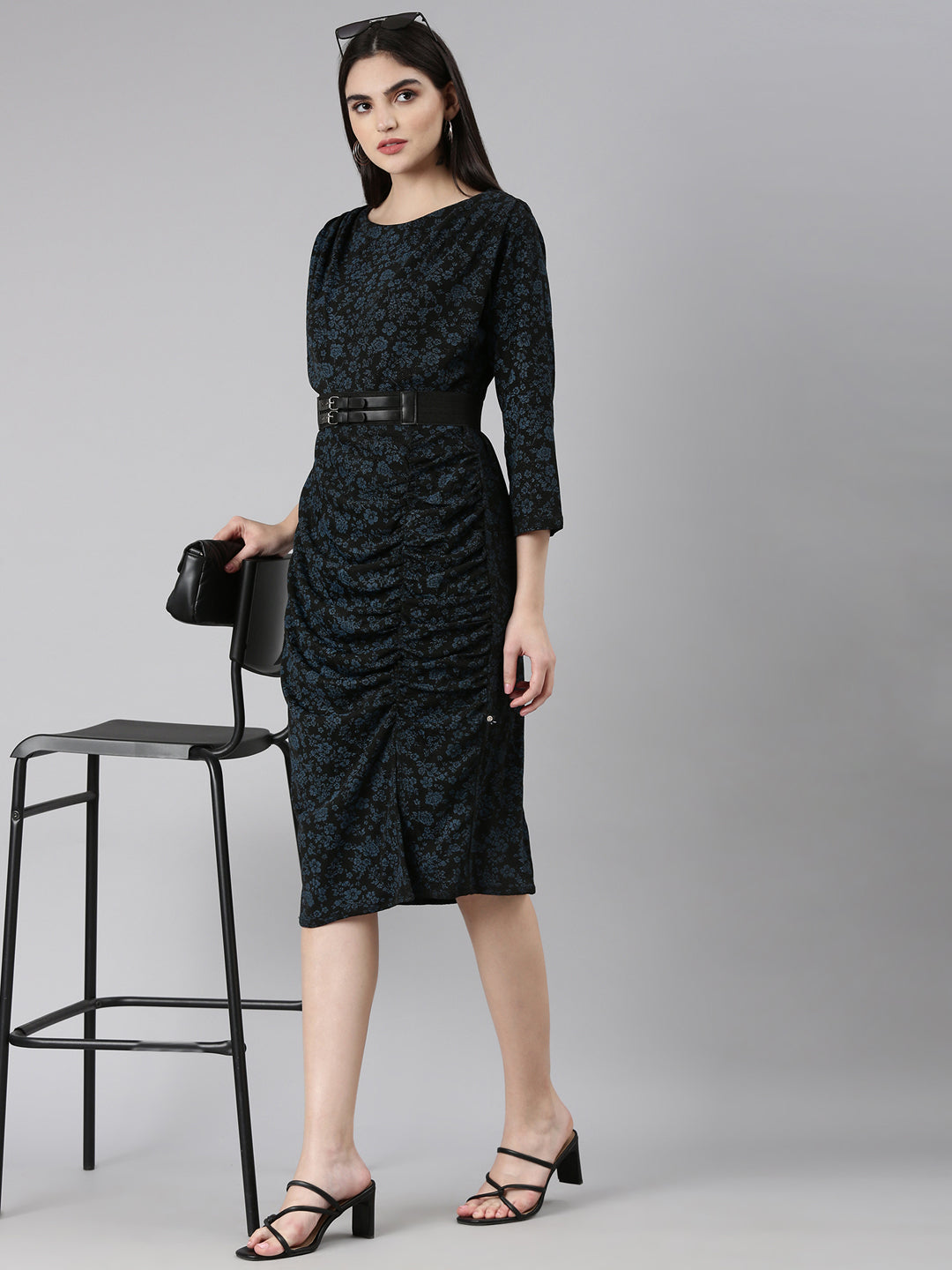 Women's Black Floral Printed Belted Sheath Dress