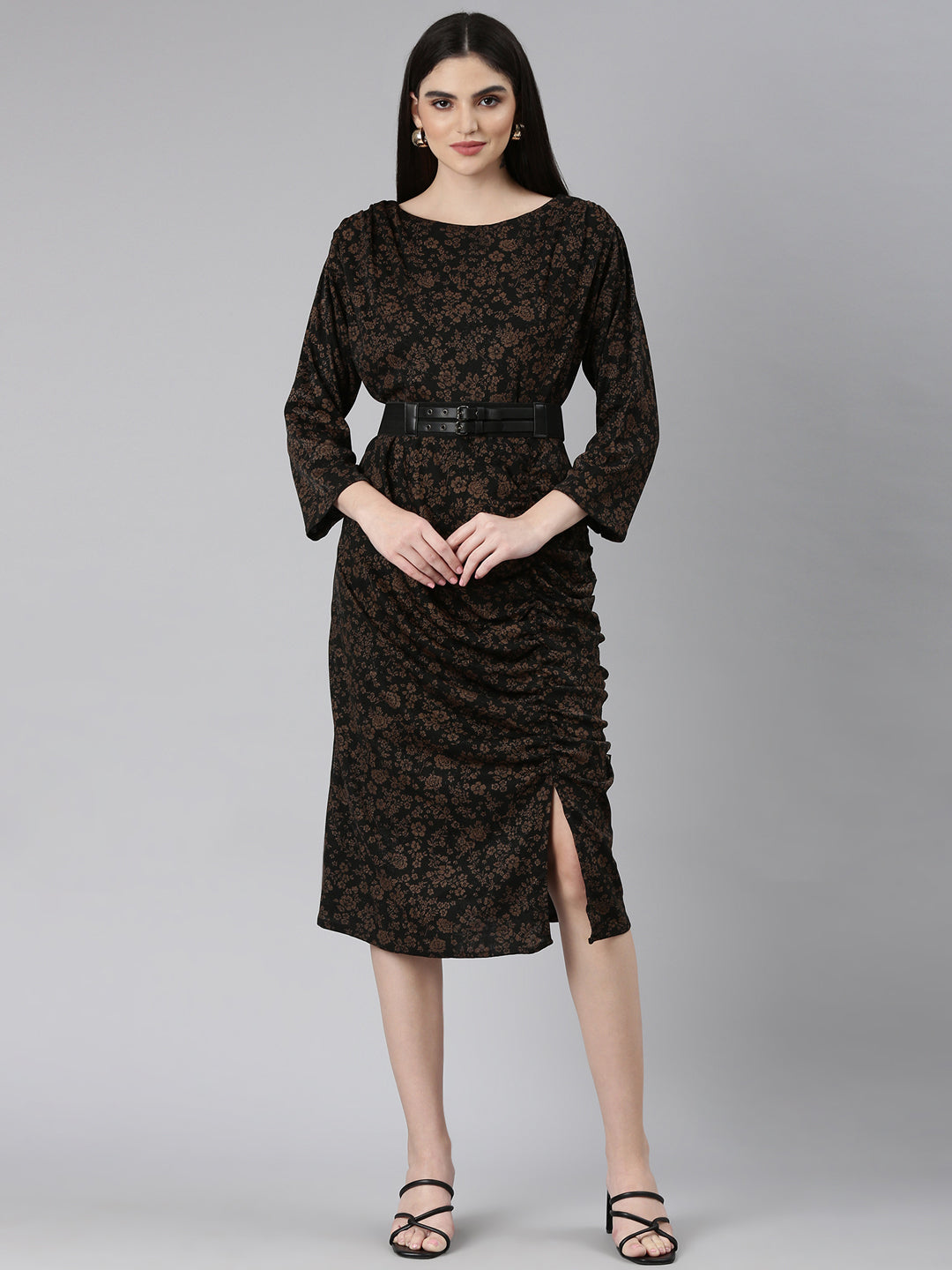 Women's Black Floral Printed A-Line Midi Dress
