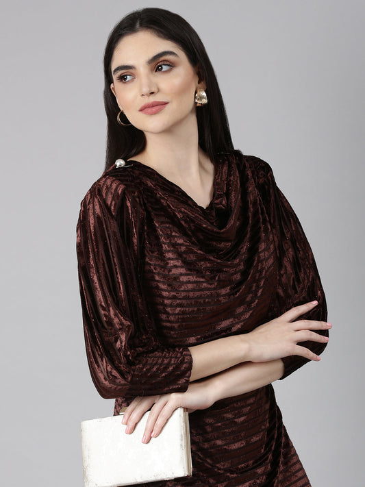 Women's Brown Self Design Cowl Neck Velvet A-Line Dress