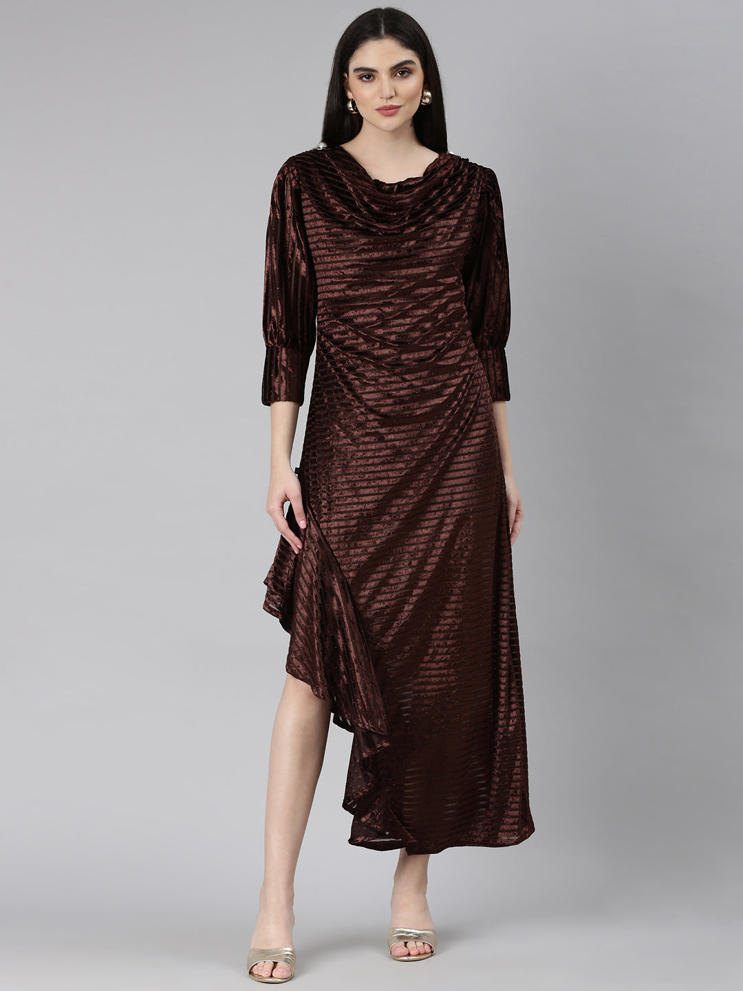 Women's Brown Self Design Cowl Neck Velvet A-Line Dress