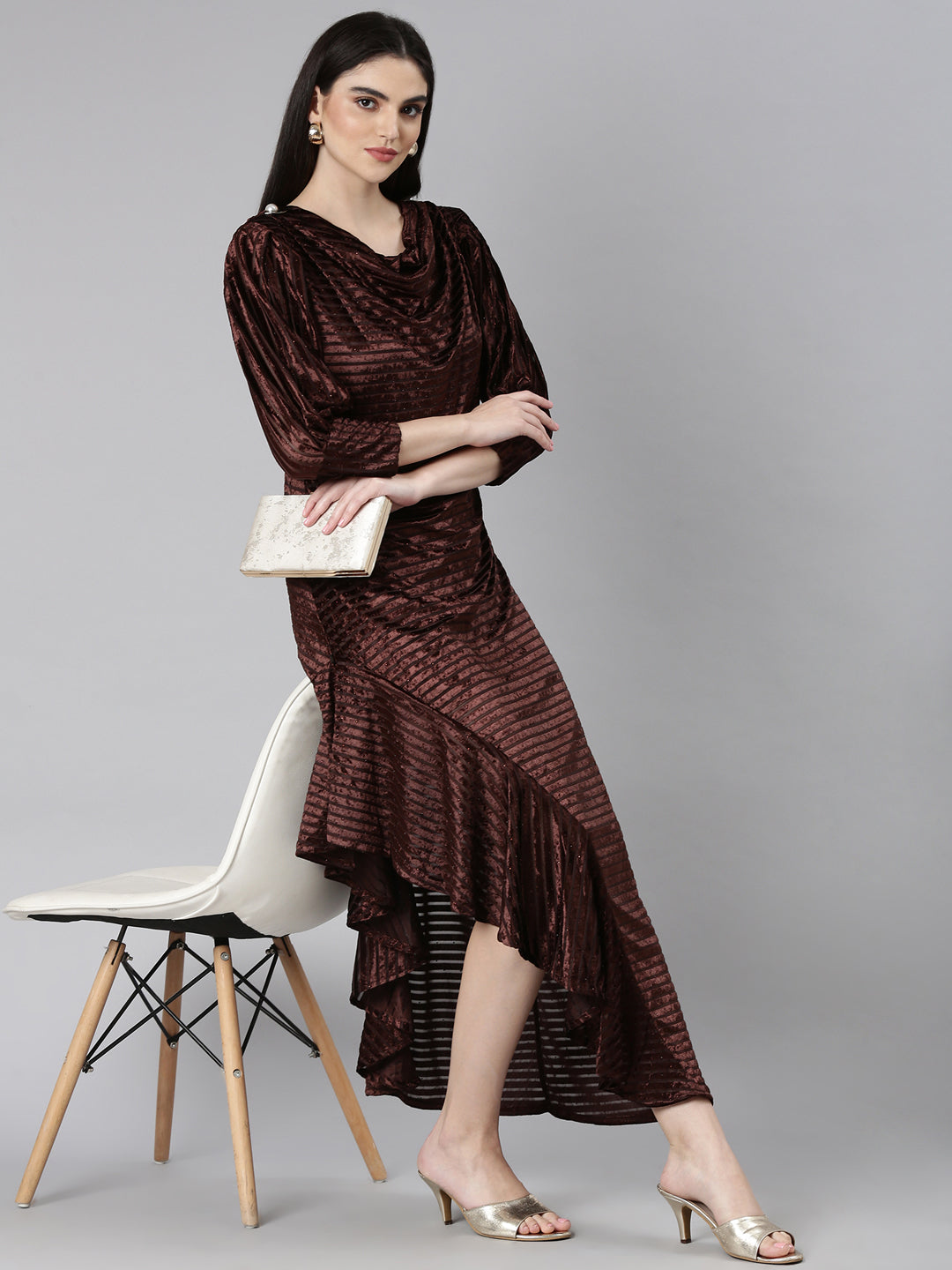 Women's Brown Self Design Cowl Neck Velvet A-Line Dress