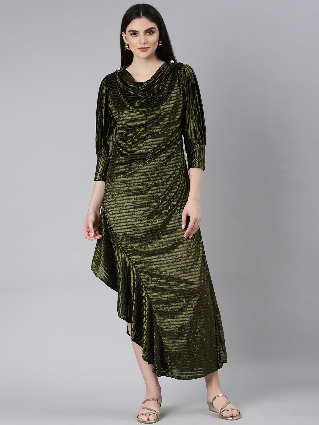 Women's Olive Cowl Neck Velvet Blouson Midi Dress
