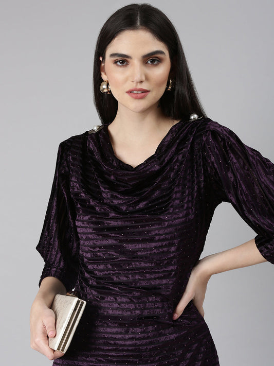 Women's Purple Cowl Neck Embellished Cuffed Sleeves A-Line Dress
