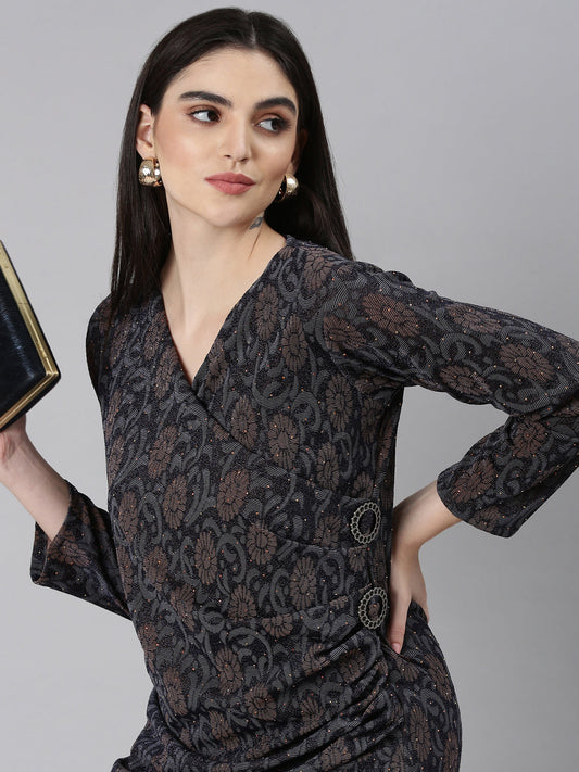 Women's Navy Blue Ethnic Motifs Print Bell Sleeves Dress