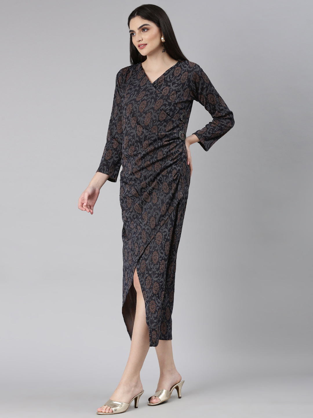 Women's Navy Blue Ethnic Motifs Print Bell Sleeves Dress