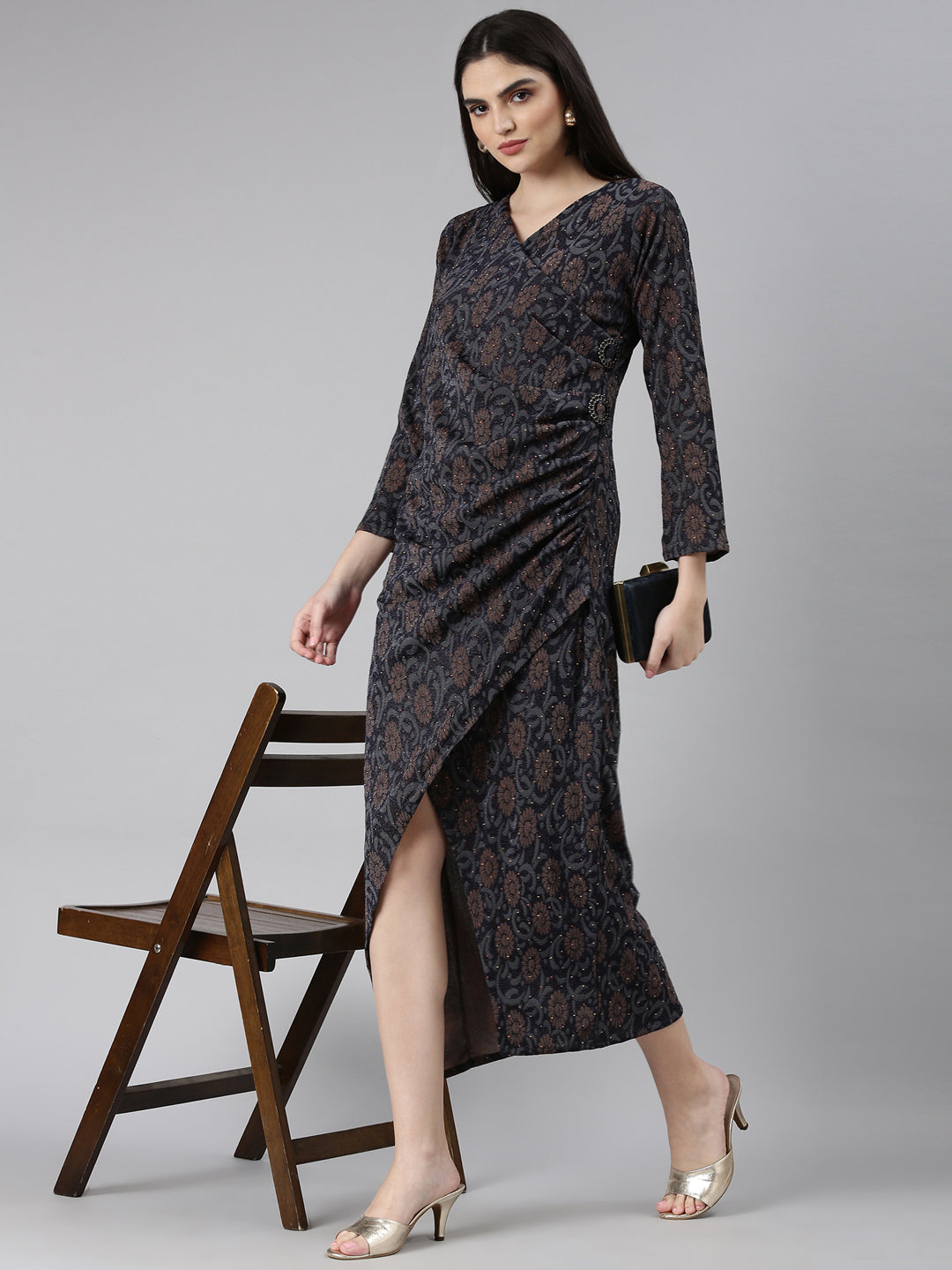 Women's Navy Blue Ethnic Motifs Print Bell Sleeves Dress