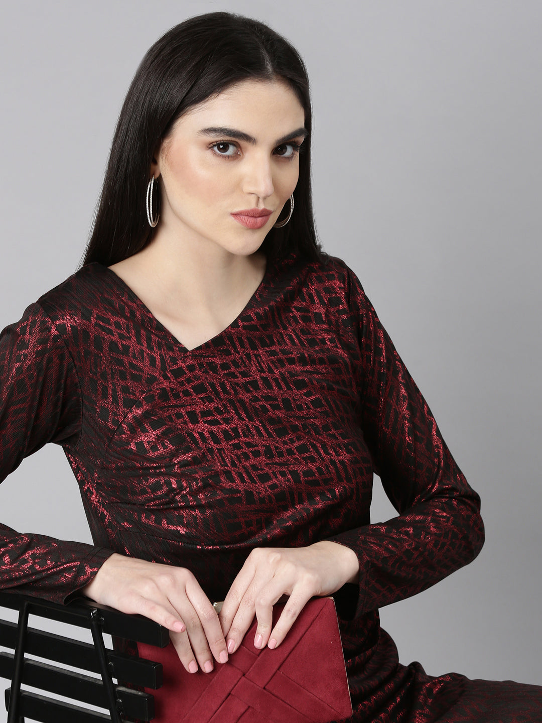 Women's Red Geometric Printed Asymmetric Neck Long Sleeves Ruched Maxi Dress