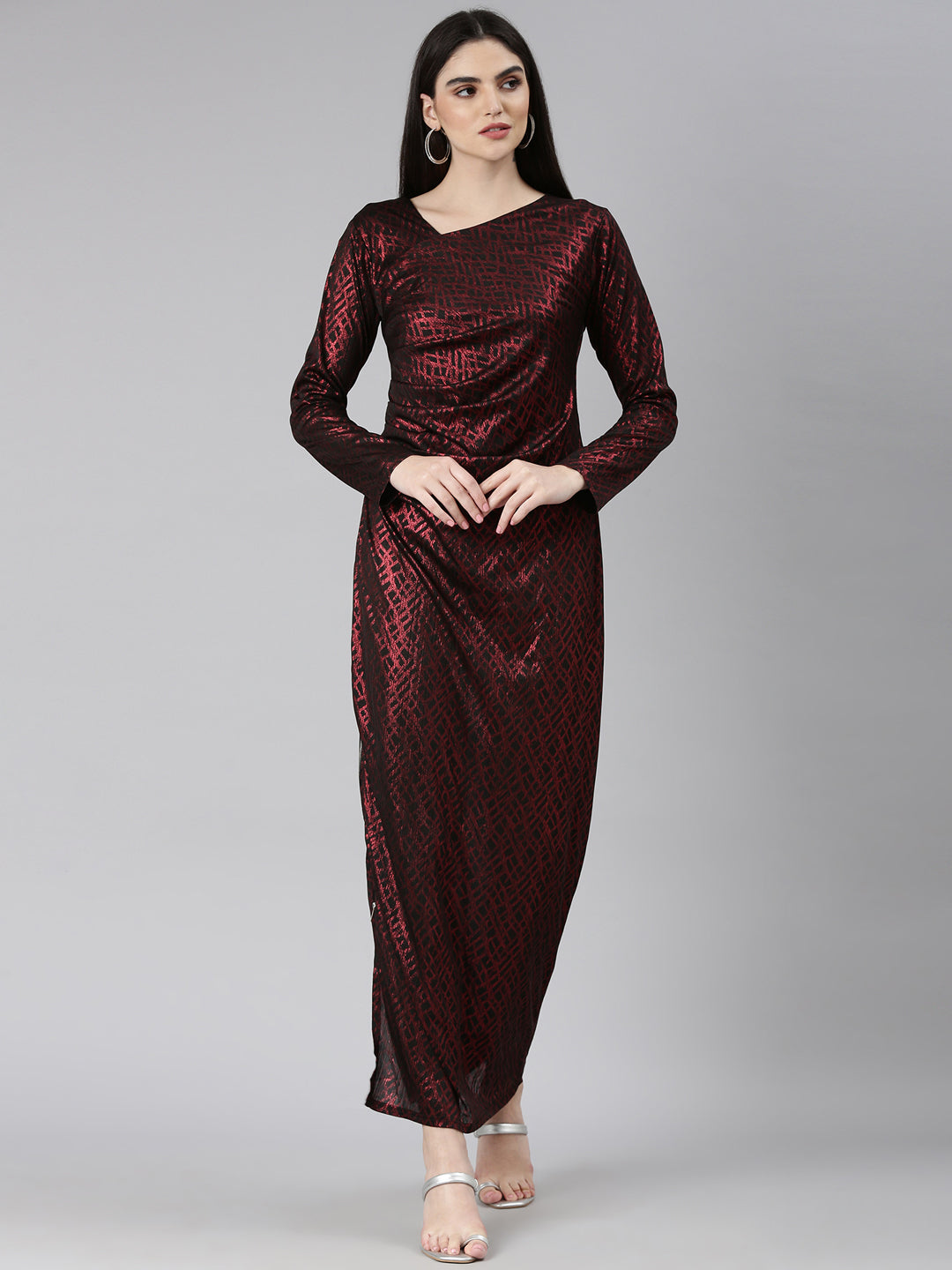 Women's Red Geometric Printed Asymmetric Neck Long Sleeves Ruched Maxi Dress