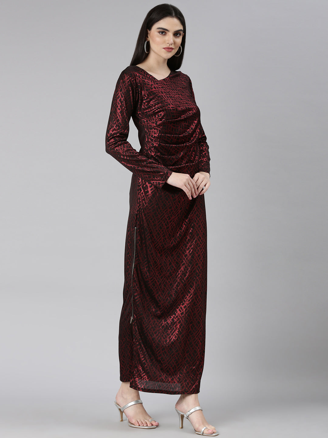 Women's Red Geometric Printed Asymmetric Neck Long Sleeves Ruched Maxi Dress