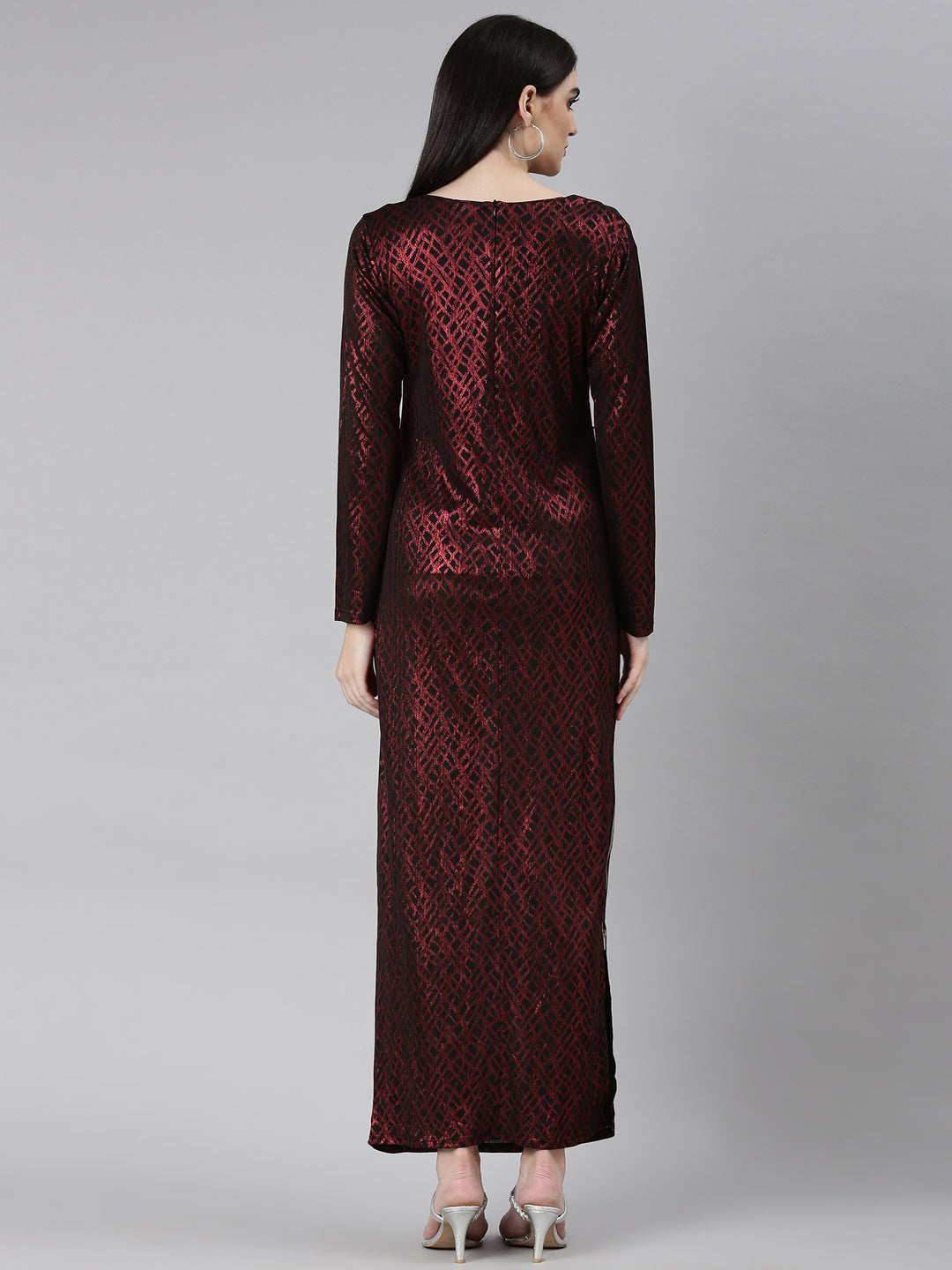 Women's Red Geometric Printed Asymmetric Neck Long Sleeves Ruched Maxi Dress