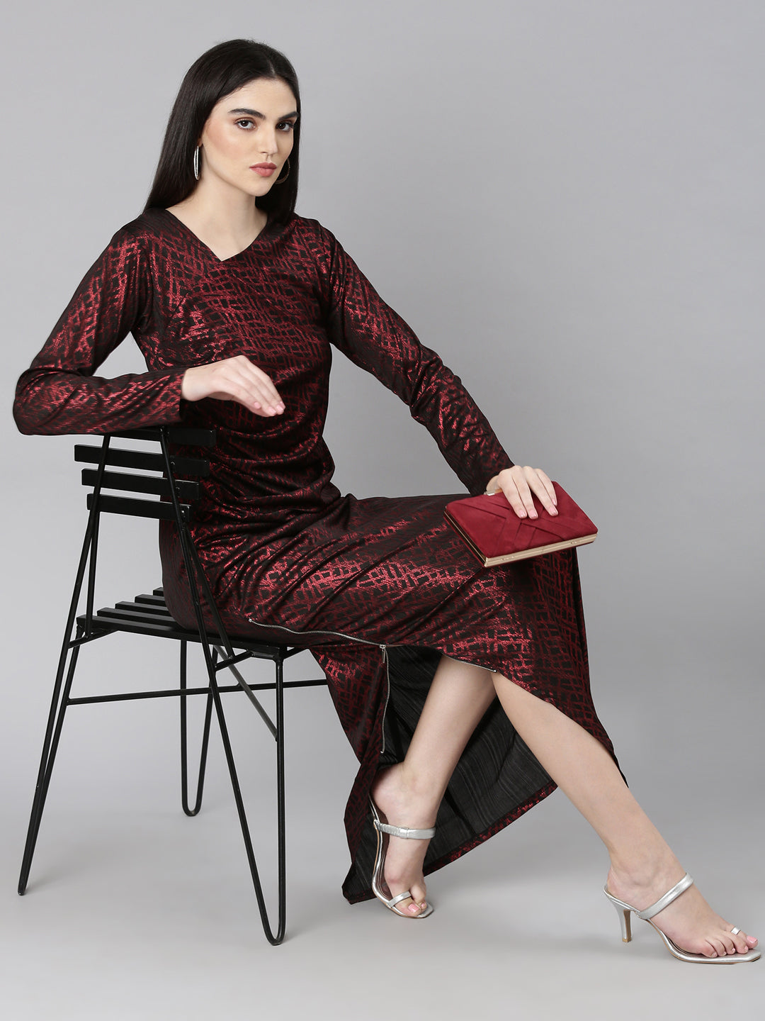 Women's Red Geometric Printed Asymmetric Neck Long Sleeves Ruched Maxi Dress