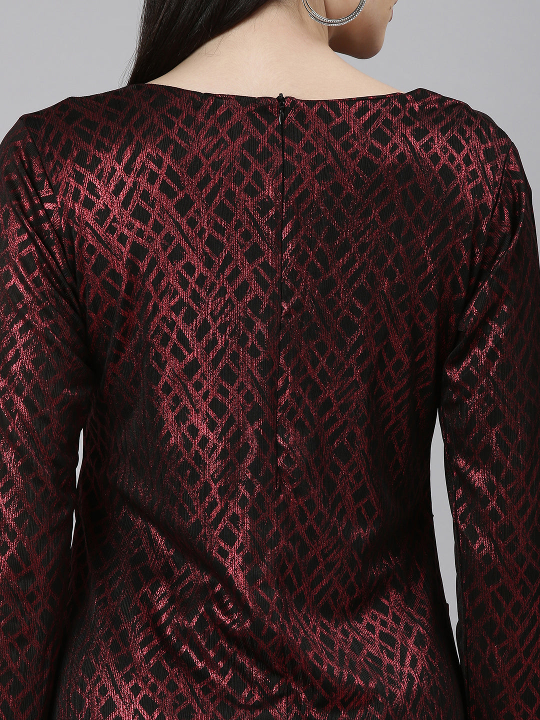 Women's Red Geometric Printed Asymmetric Neck Long Sleeves Ruched Maxi Dress