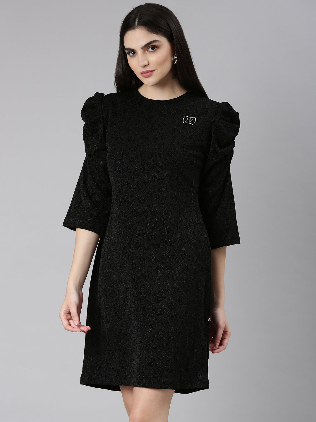 Women's Black Round Neck Puff Sleeves Sheath Dress