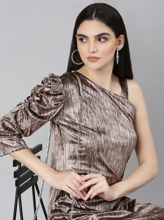 Women's Brown One Shoulder Puff Sleeve Velvet Sheath Dress