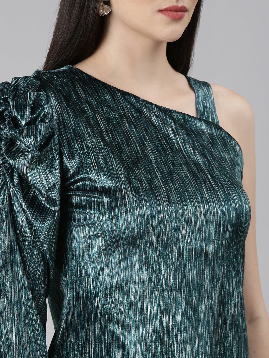 Women's Teal Striped One Shoulder Sheath Dress