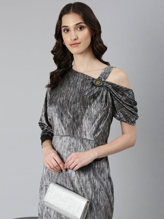 Women's Grey Asymmetric Neck Velvet Fit and Flare Midi Dress