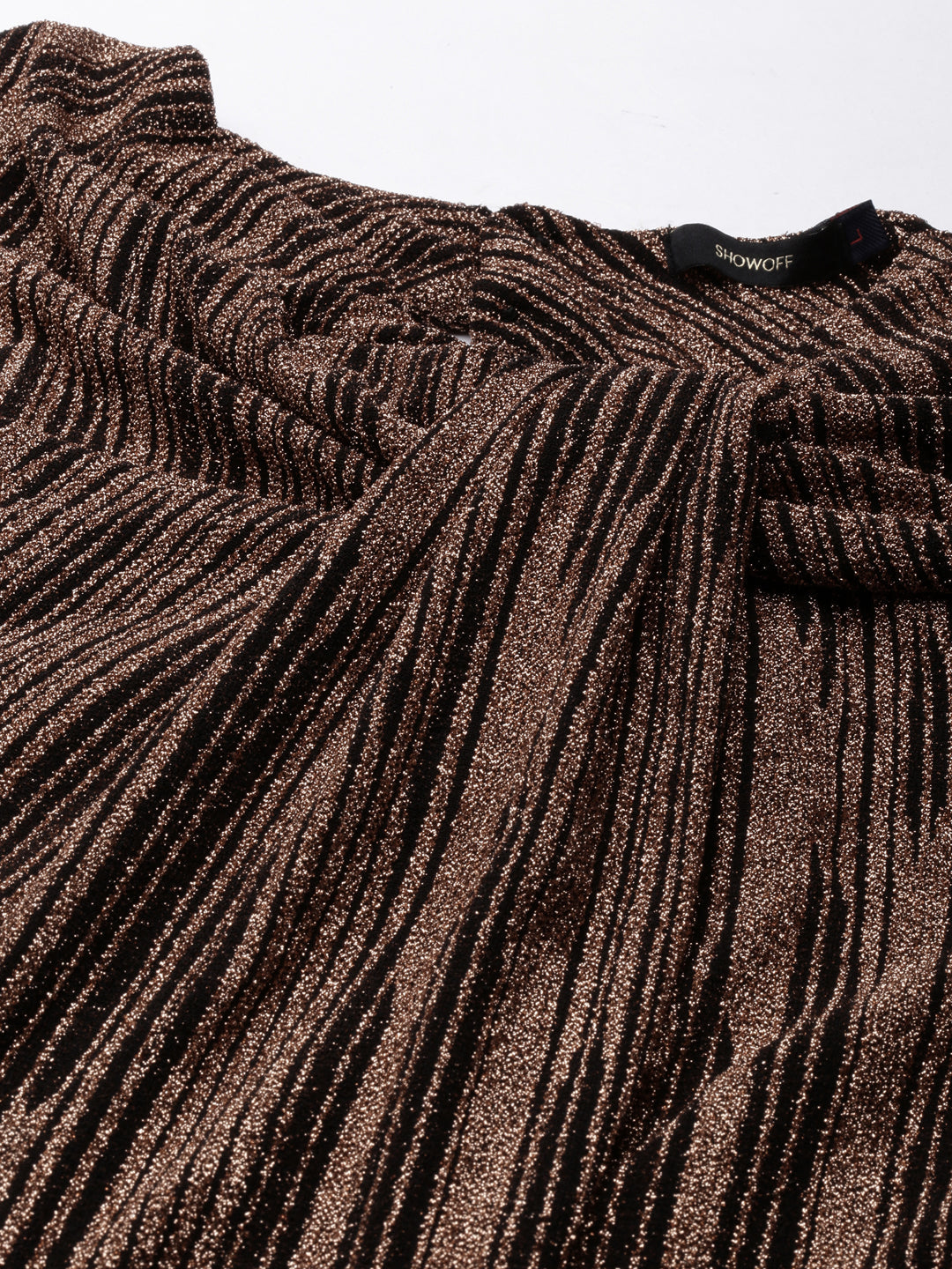 Women's Brown Striped V-Neck Puff Sleeves Bling & Sparkly Detail A-Line Maxi Dress