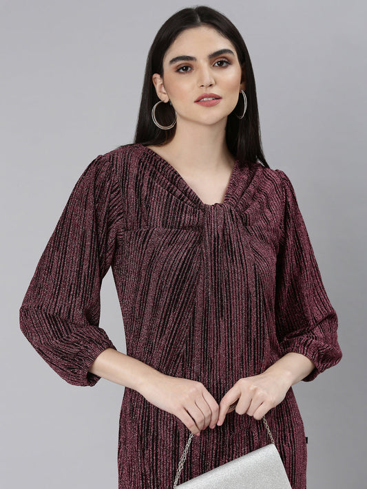 Women's Magenta Self Designed Cut-Out Detailed V-Neck Puff Sleeves Maxi Dress