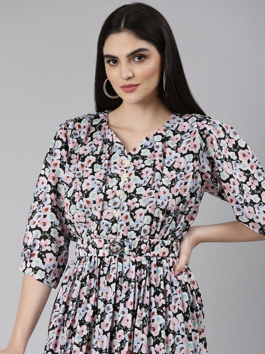 Women's Multi Floral Printed Puff Sleeve Fit & Flare Midi Dress