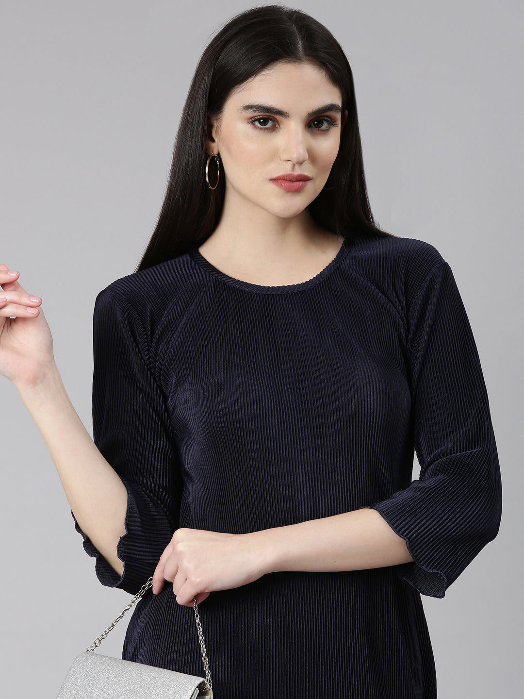 Women's Navy Blue Above Knee Bodycon Satin Dress