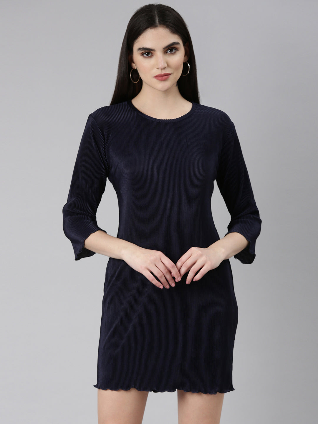 Women's Navy Blue Above Knee Bodycon Satin Dress