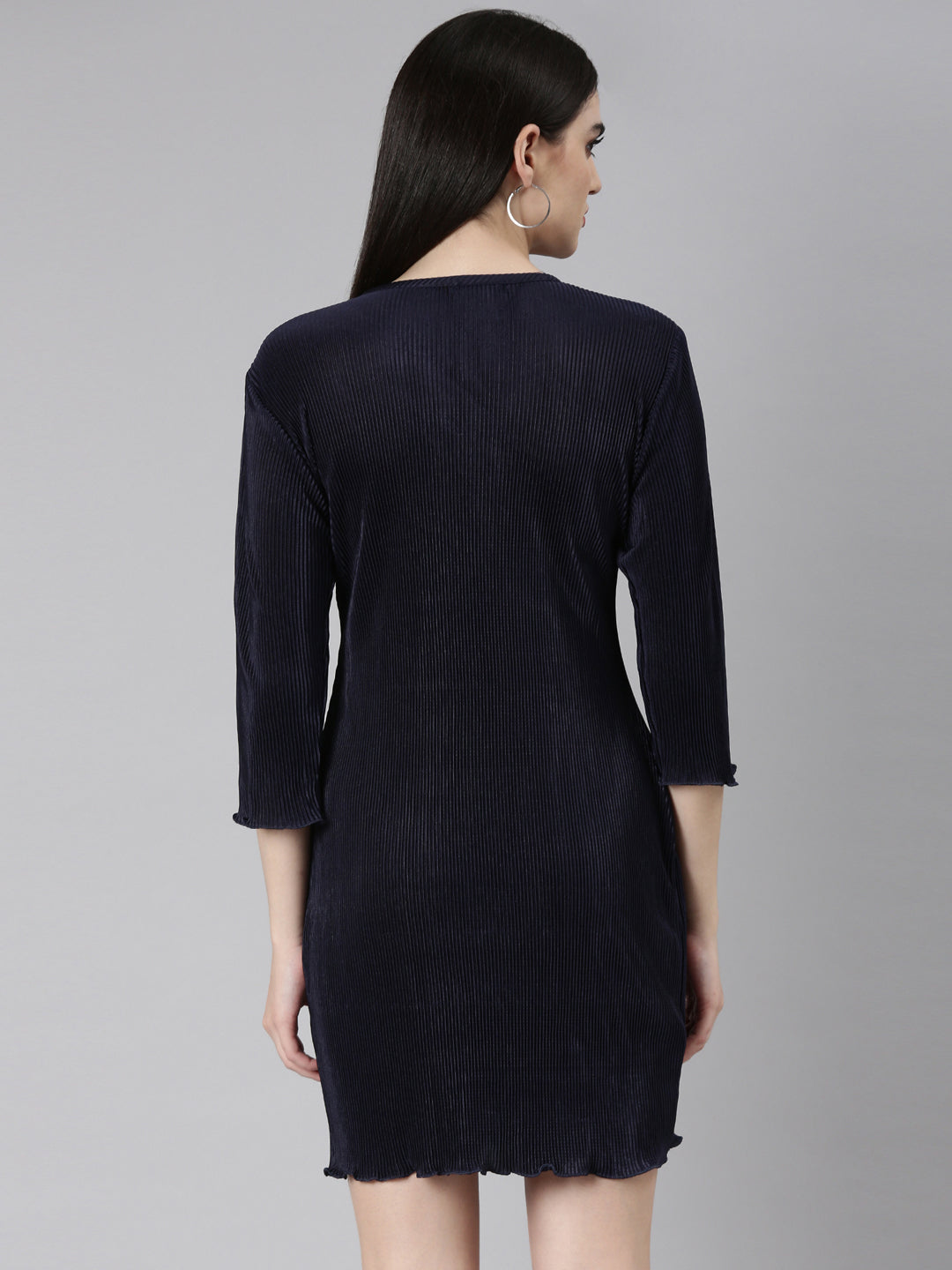 Women's Navy Blue Above Knee Bodycon Satin Dress