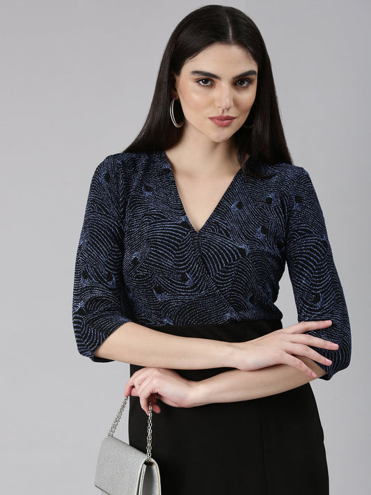 Women's Blue Abstract Printed Embellished V-Neck Sheath Dress