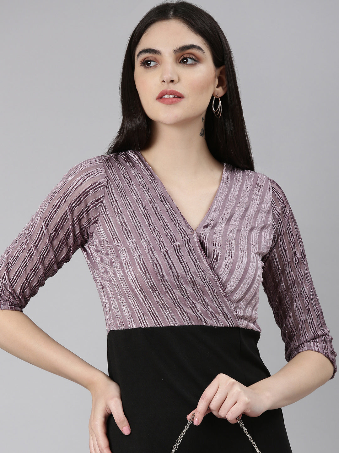 Women's Mauve Striped Velvet Sheath Dress