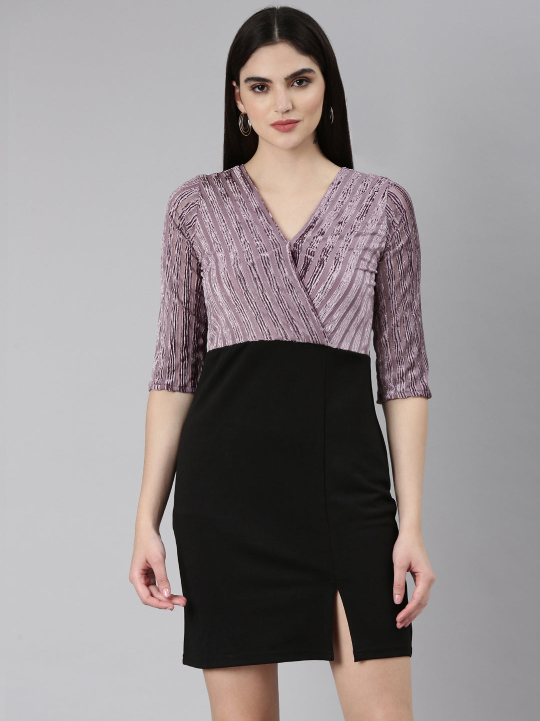 Women's Mauve Striped Velvet Sheath Dress