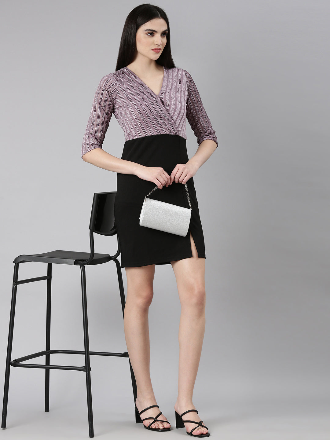 Women's Mauve Striped Velvet Sheath Dress