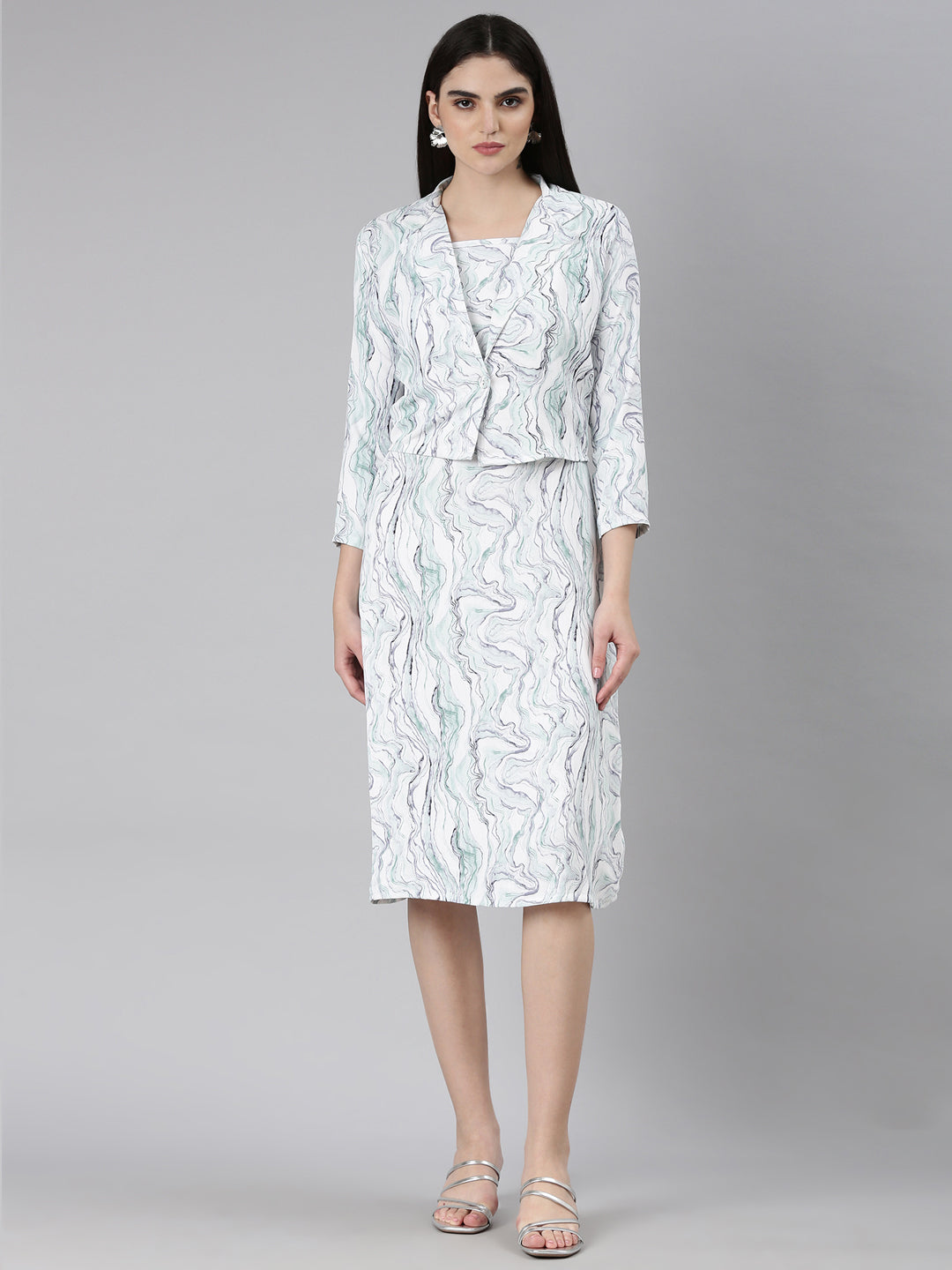 Women's Off White Abstract Printed Cotton Shoulder Straps A-Line Dress