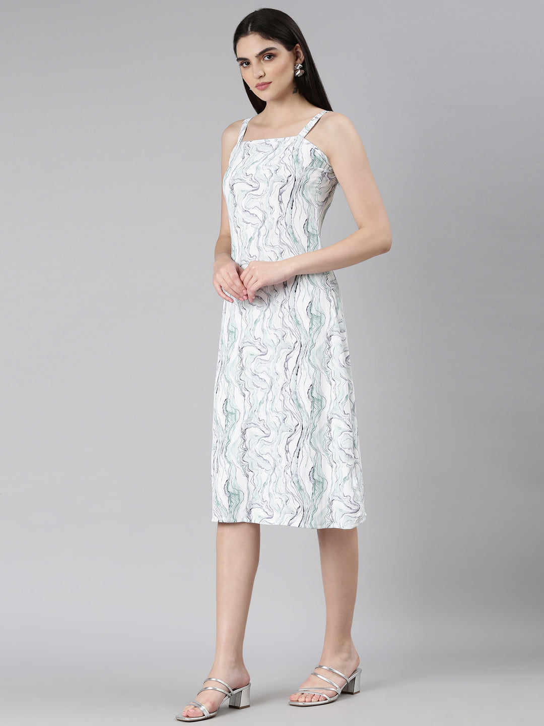 Women's Off White Abstract Printed Cotton Shoulder Straps A-Line Dress