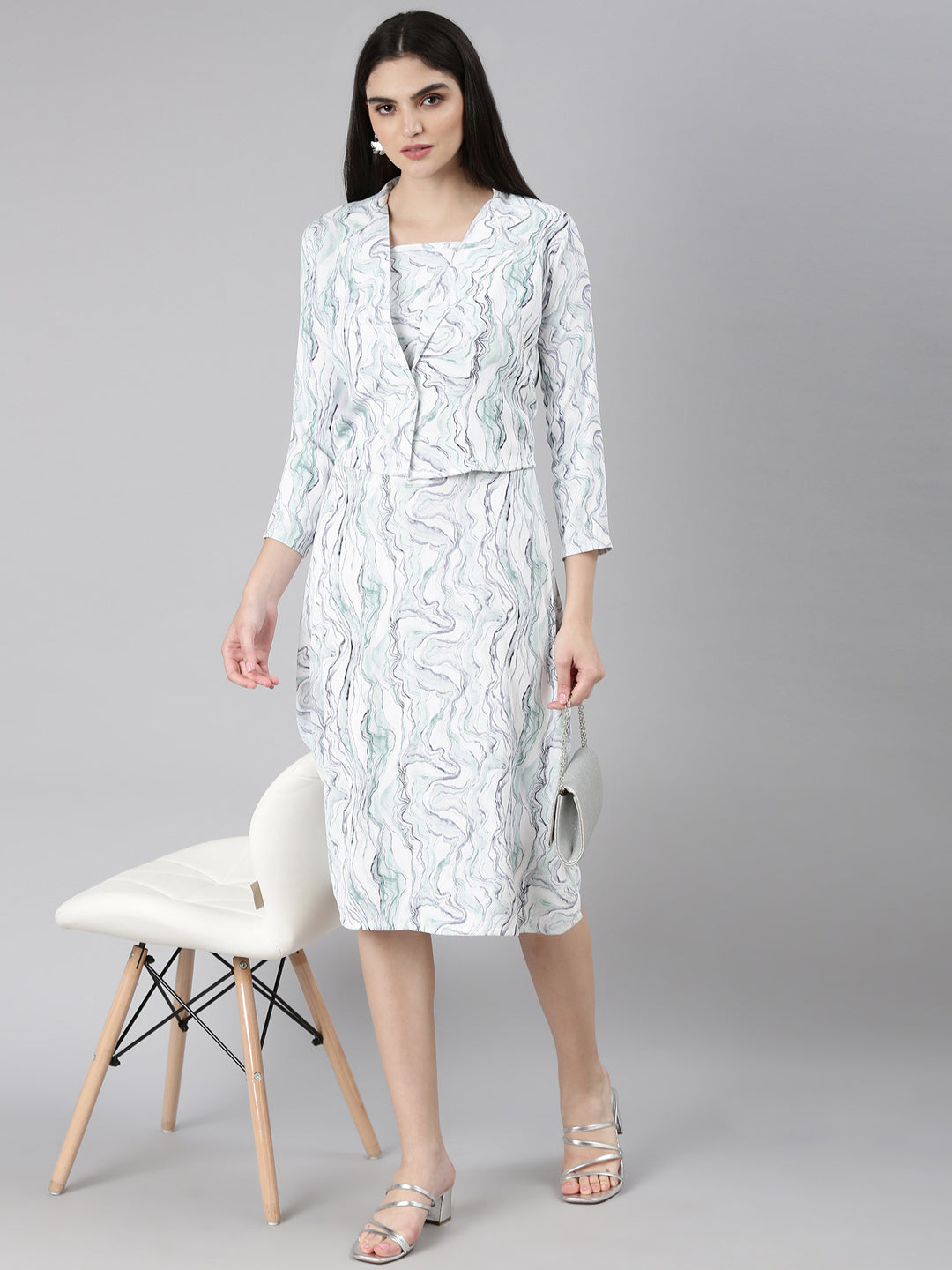 Women's Off White Abstract Printed Cotton Shoulder Straps A-Line Dress