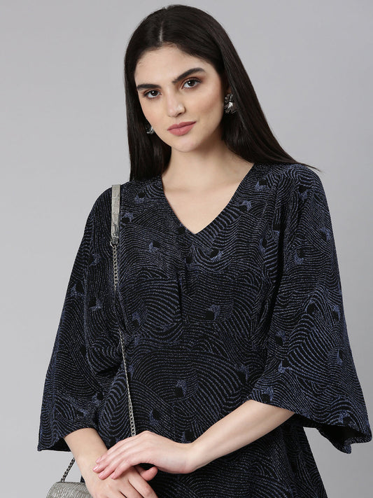 Women's Blue Embellished Flared Sleeves A-Line Mini Dress