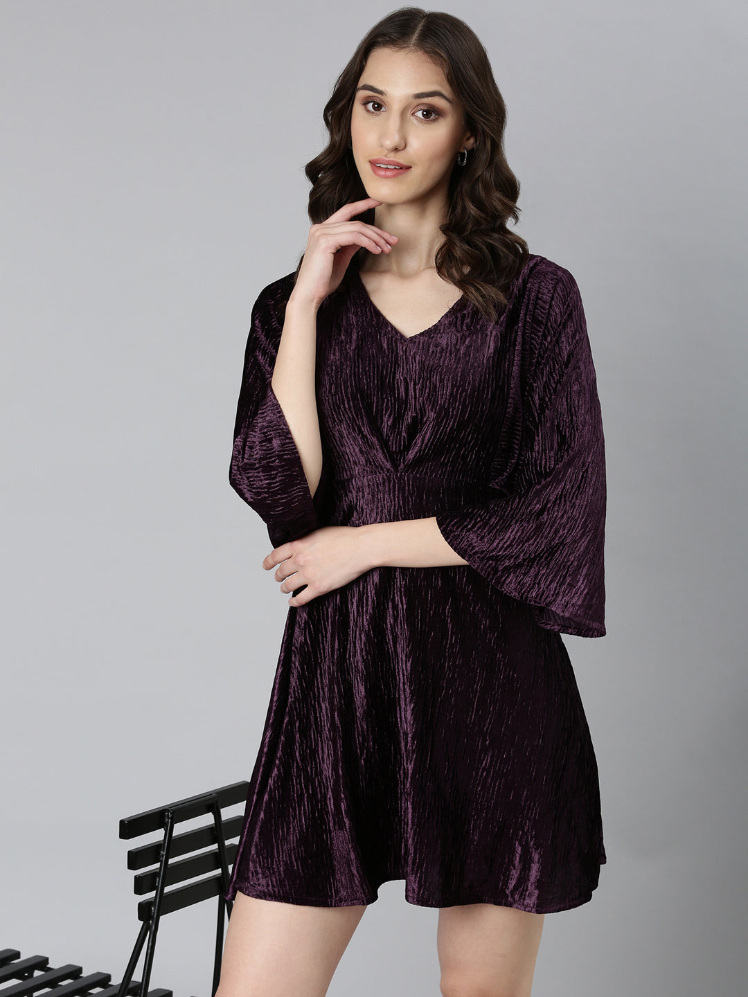 Women's Purple Self Design Flared Sleeves Velvet Fit & Flare Mini Dress
