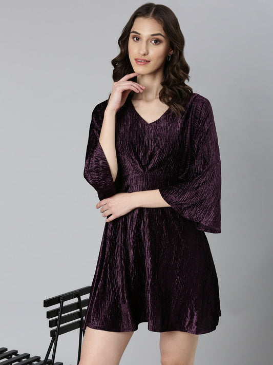 Women's Purple Self Design Flared Sleeves Velvet Fit & Flare Mini Dress